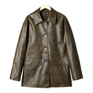 西湖阁老 春季 韩版 纯色简约排扣宽松皮质外套886中长皮衣 索