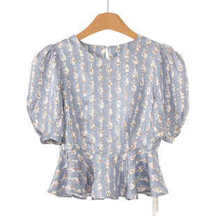 五分小泡泡袖 西湖阁老 氐 春装 107 收腰印花雪纺小衫