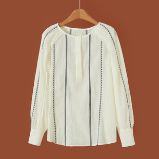 绍 399西湖阁老 兹 春装 389 民族风全棉圆领褶皱T恤衫