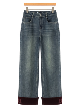 699西湖阁老【序】春装 绒毛面翻边刺绣拖地直筒牛仔裤072