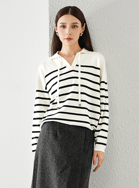 专柜499【兰】春季 含绵羊毛翻领带抽绳条纹卫衣针织衫055