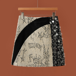 小众拼接款 599 冬装 文 亮片重工气质半身短裙253 50%绵羊毛