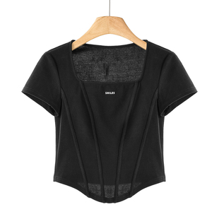 短款 339西湖阁老 棉质方领套头弧摆修身 夏装 T恤563 莫Y