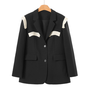 百褶花边拼色开叉宽松西装 春装 外套201 俪 西湖阁老