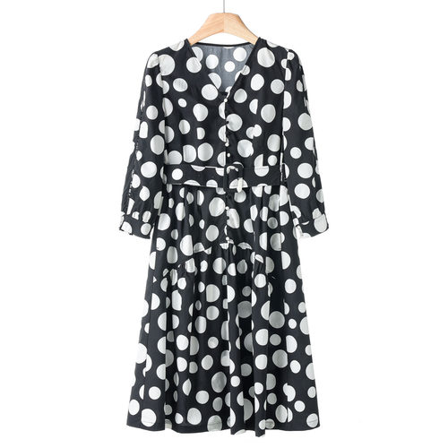 999 72%莱赛尔天丝【兹】*绍 春季 V领高腰圆点长裙连衣裙112