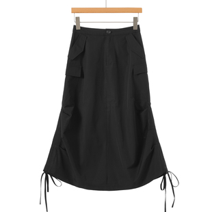 西湖阁老 春装 抽绳收褶后摆高开衩A字工装 半身裙019 氐