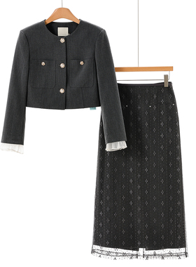 西湖阁老【知】春装 短款外套+网纱半身裙两件套通勤套装561