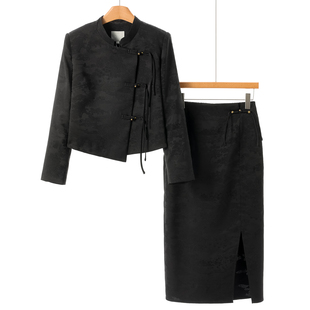 开叉半裙提花国风套装 西湖阁老 立领垫肩外套 春装 062 兹