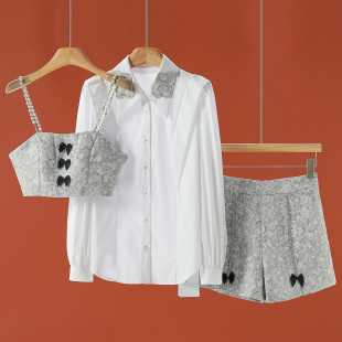 蝴蝶结吊带衬衫 春季 组合 水钻提花短裤 018琳 西湖阁老 套装 栖