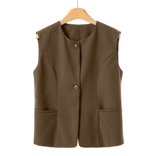 绍 春装 通勤气质圆领单排扣粘纤马甲外套650 迪 469西湖阁老