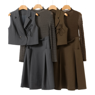 拼接连衣裙 西湖阁老 绍 春装 系带花边马甲两件套731 萌