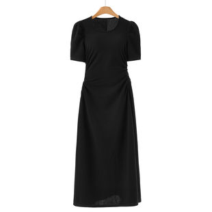 纯色圆领腰部收褶修身 春装 气质连衣裙411 莫Y 739西湖阁老