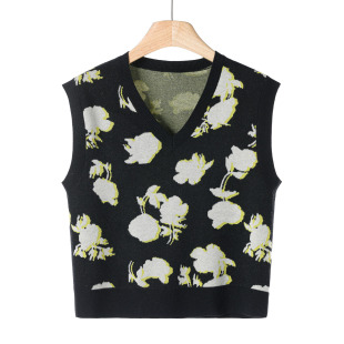 绍 春季 V领套头黑底提花针织马甲053 459西湖阁老