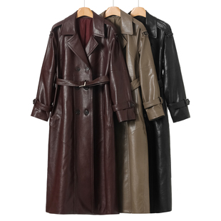 过膝高气质插肩袖 拉春装 宽松开叉皮衣外套606 韦 3599绵羊皮