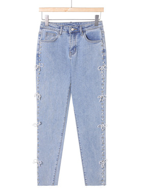 799西湖阁老【蕾】春季 钉珠水钻修身蝴蝶结小脚牛仔裤009