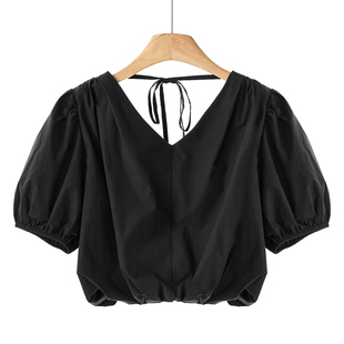 棉V领后系带短款 539西湖阁老 莫Y 夏装 963 纯色套头小衫