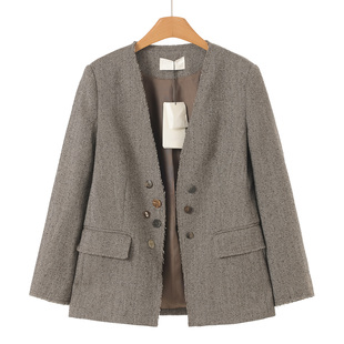 春装 文 复古气质毛边V领颗粒感外套219 西湖阁老 999