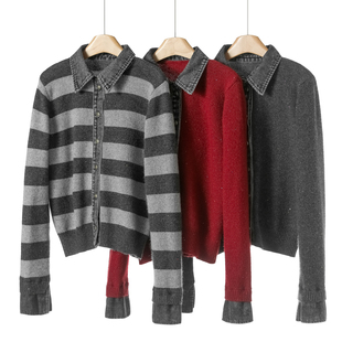 牛仔拼接假两件开叉袖 50%蜜熊绒 申 冬装 毛衣032 开衫