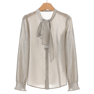 法式 西湖阁老 卡拉 春装 738 宫廷风花边领带雪纺衬衫