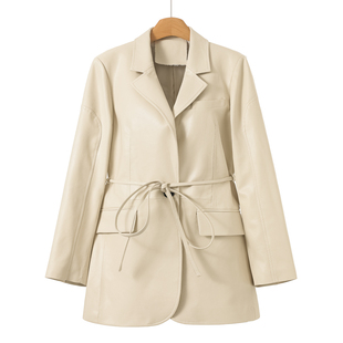 式 2599绵羊皮 系带收腰开叉西装 拉春装 皮衣外套608 韦