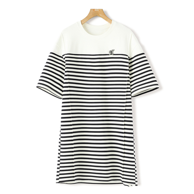 西湖阁老【葛】夏季 拼接条纹直筒休闲含棉T恤连衣裙152弜