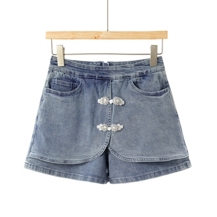659西湖阁老 夏装 镶钻盘扣假两件水洗牛仔短裤 683弜 蕾