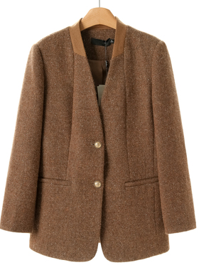 899含桑蚕丝【妍B】冬装 拼接V领羊毛开叉西装呢大衣911