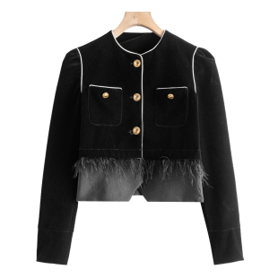 羽毛点缀拼接小XIANG风外套YM668 春季 西湖阁老 尹