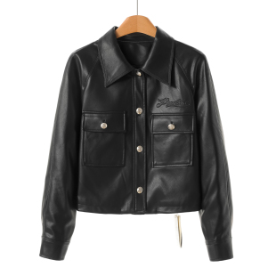 插肩袖 春装 压纹字母下摆抽绳PU短外套013 朗 西湖阁老