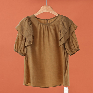 栖 27%醋酸 53%莱赛尔天丝纤维 632弜 喇叭花边袖 衬衫 夏装 499