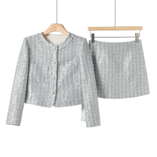 防走光短裙亮片小香风套装 西湖阁老 圆领外套 春季 375 俪