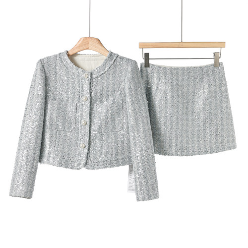 西湖阁老【俪】春季 圆领外套+防走光短裙亮片小香风套装375