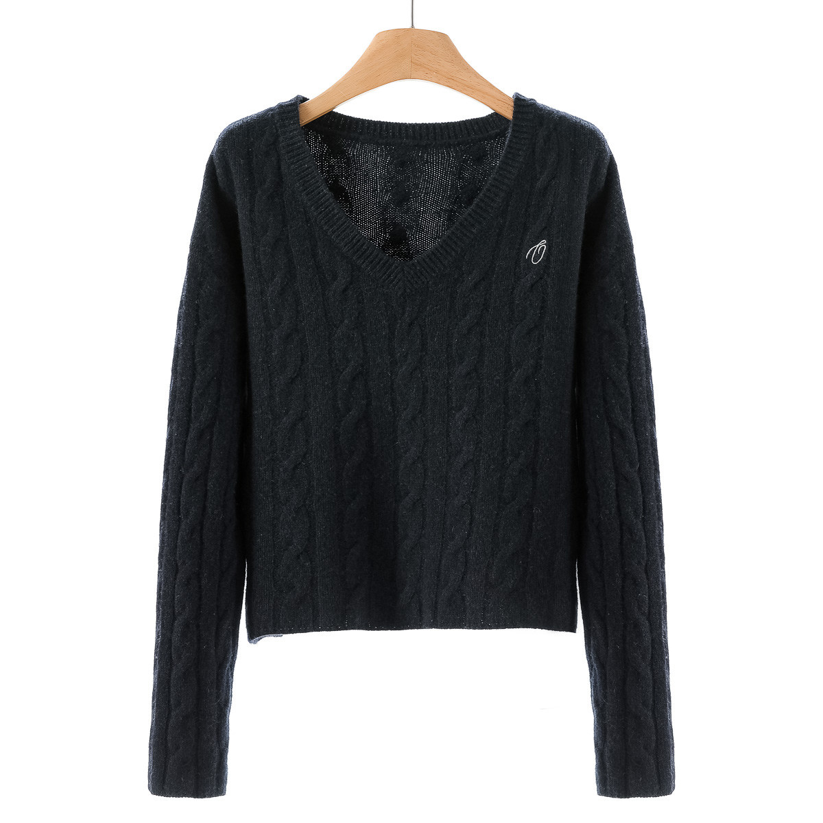 839 100绵羊毛【兰】冬装 刺绣V领麻花花纹短毛衣417