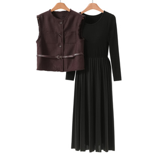 腰带马甲 西湖阁老 绍 春装 百褶收腰连衣裙两件套395 歌