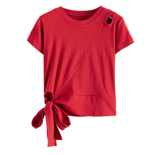 下摆系结露腰单边露肩棉质T恤KS407弜 夏季 西湖阁老 凯