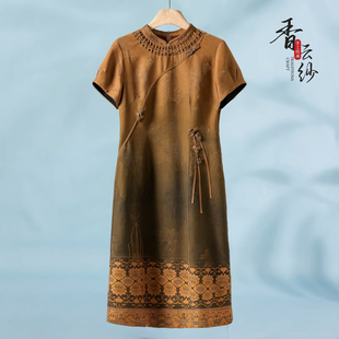 夏装 立体串珠花100桑蚕丝真丝连衣裙157 缘纳YL 3485香云纱