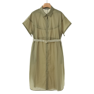 翻领单排扣配腰带条纹感短袖 夏装 连衣裙126弜 熠 699西湖阁老