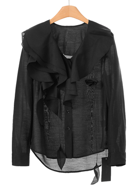 799 43%莱赛+绵羊毛【莫Y】26春装 不对称瀑布荷叶边V领衬衫011