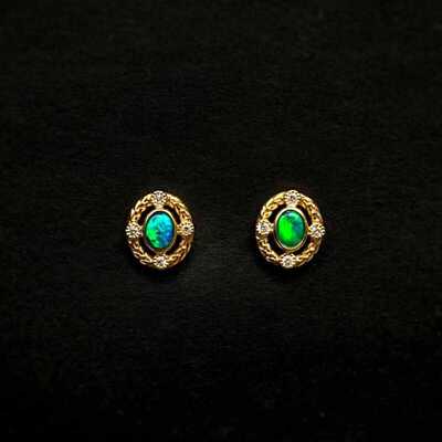 18K金天然麦穗欧泊钻石镶嵌耳钉