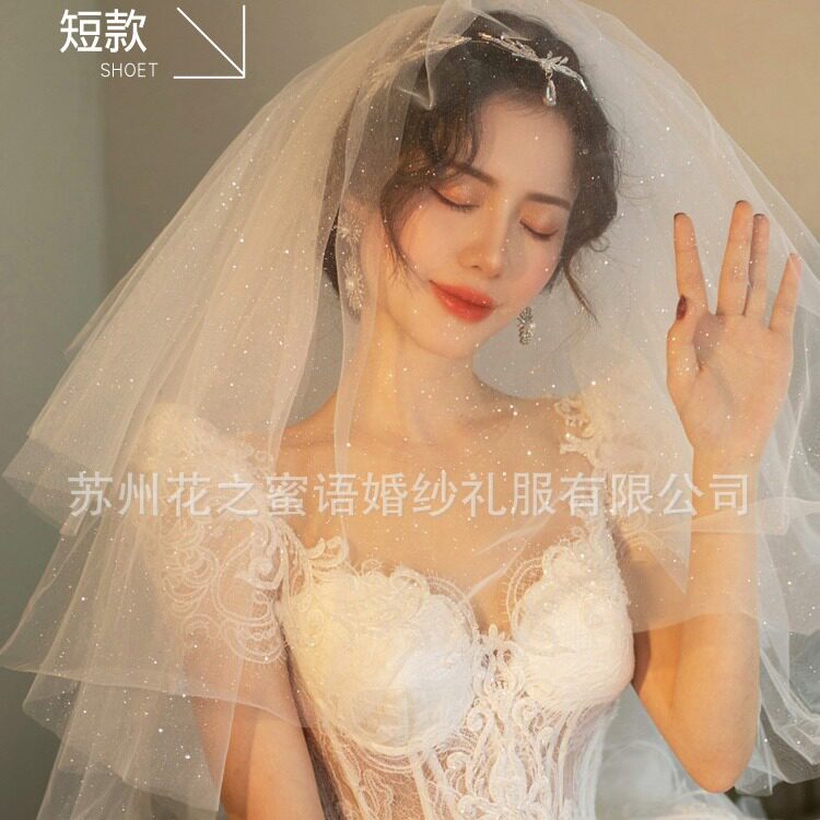 新娘双层细闪头纱多层蓬蓬结婚领发饰