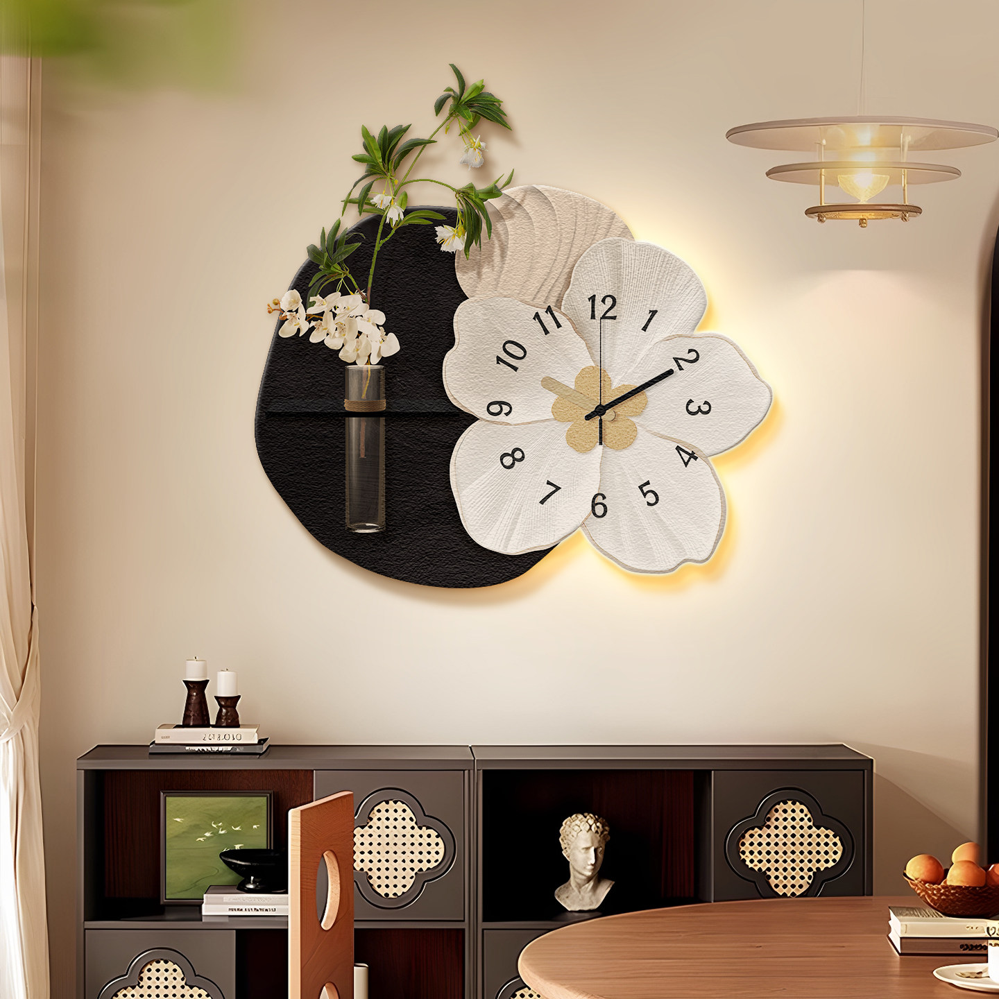 钟表挂钟客厅2025新款现代简约黑白花卉时钟挂墙家用饭厅装饰画,家居饰品,挂钟,淘宝优惠券,粉丝福利购,淘宝优惠卷