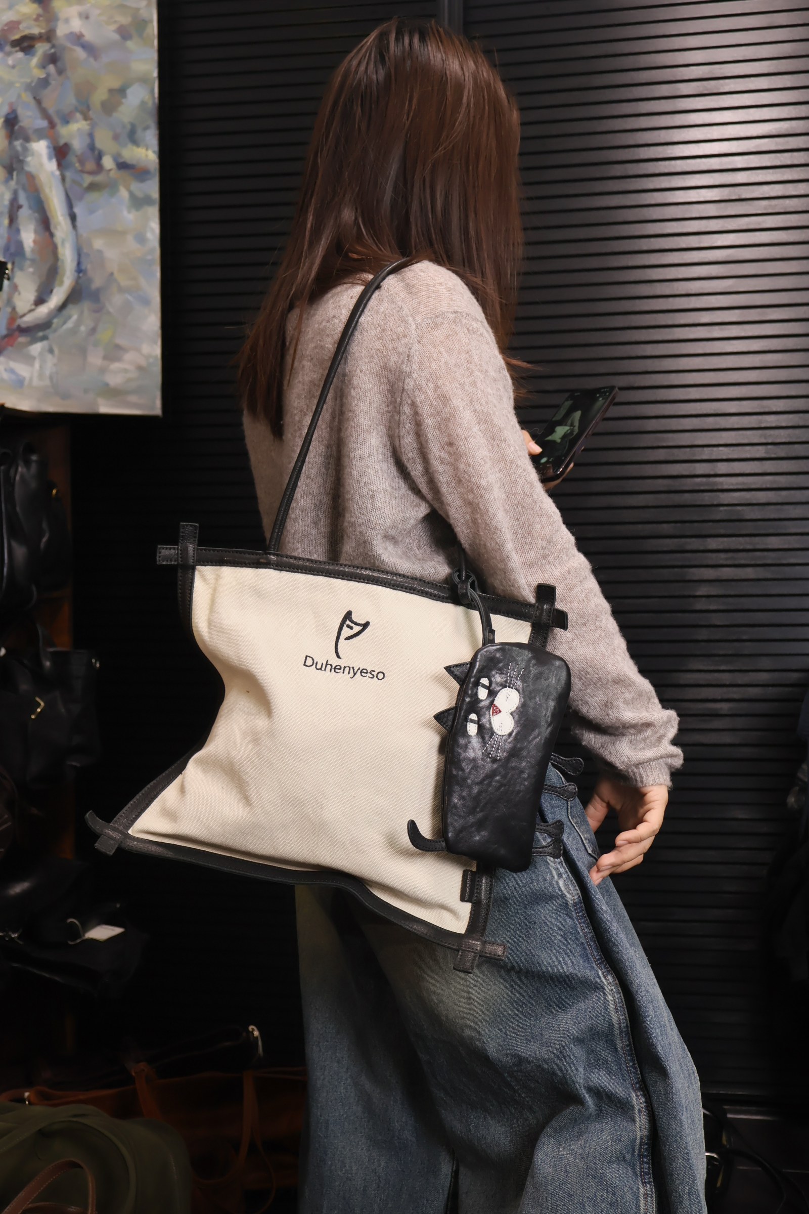 原创设计头层牛皮帆布拼接托特包大容量单肩包文艺风长35高33