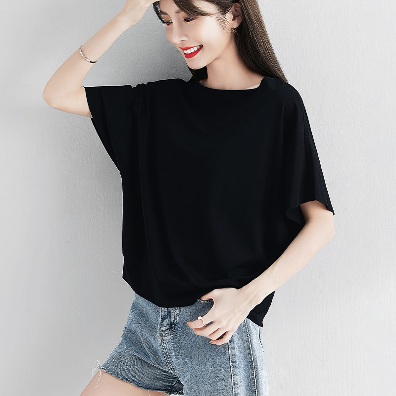 黑色宽松莫代尔棉短袖t恤女蝙蝠袖夏季新款纯色大码设计小众体恤
