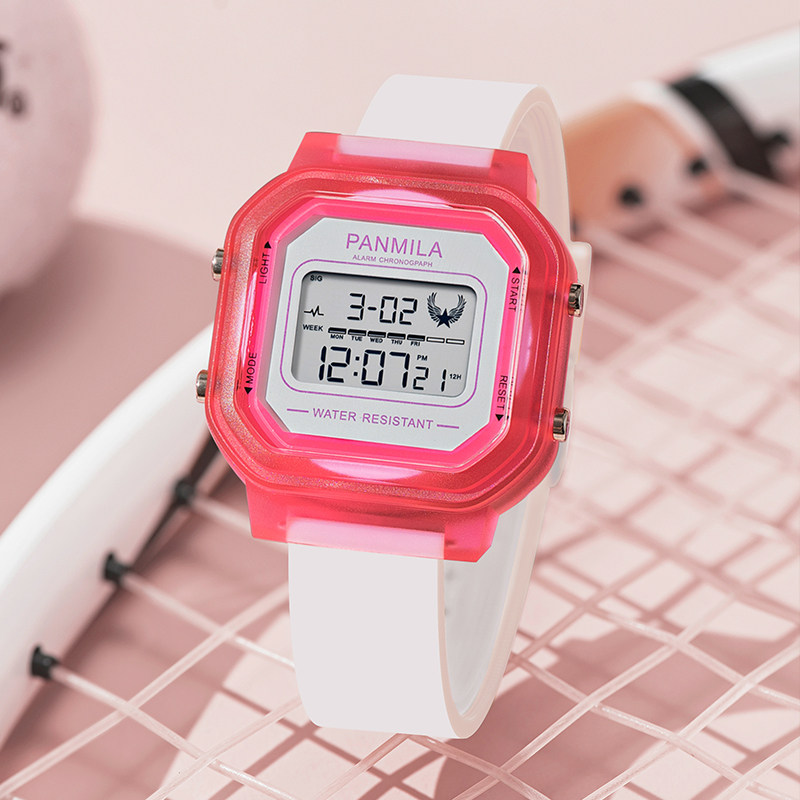 番米拉学生手表女款初高中高颜值小众方形电子表2024红心火龙果色