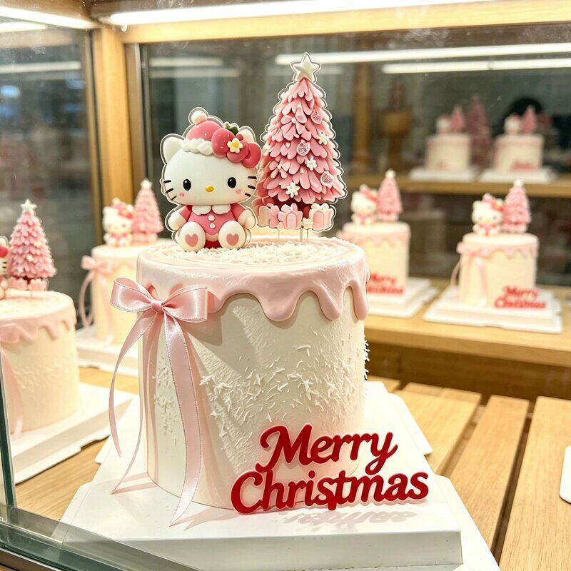 粉色圣诞节蛋糕装饰插件可爱猫咪粉圣诞树merrychristmas甜品插牌