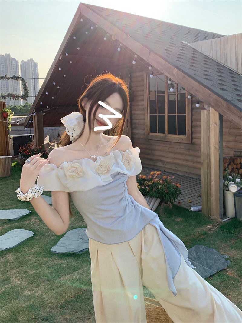 立体花朵一字肩纯欲上衣女装夏设大码套装