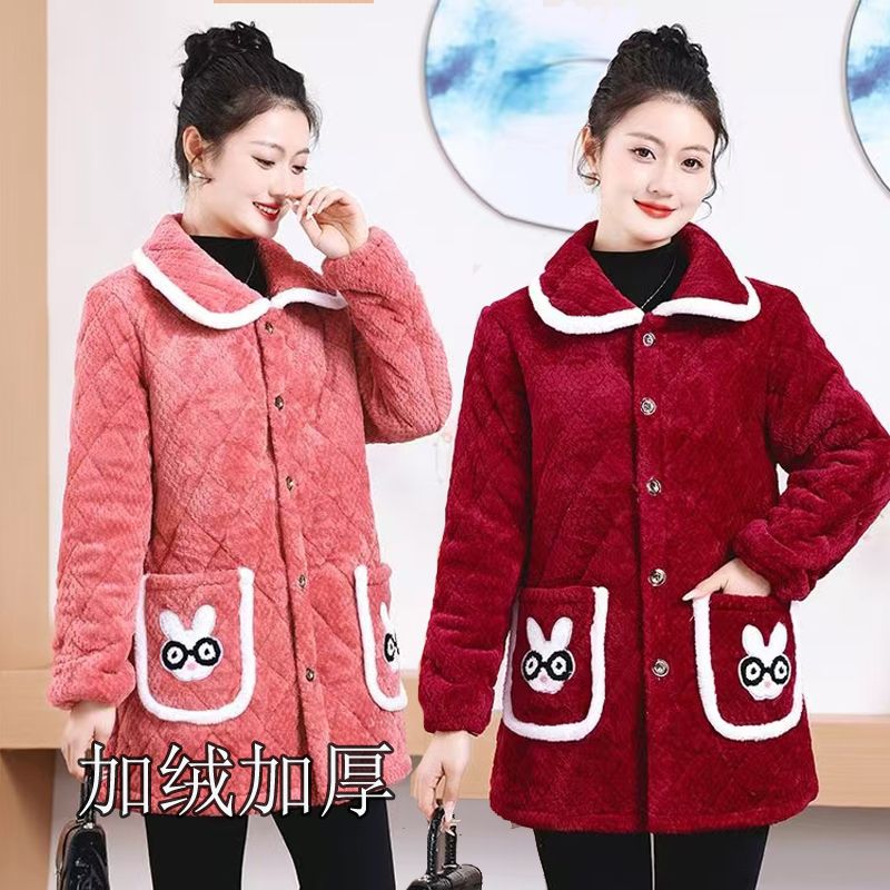 四川省服妈妈秋冬加绒保暖棉衣女装冬季居家外穿棉服罩衣中年宽松