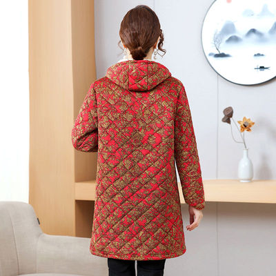 妈妈罩衣女秋冬装棉衣女加绒加厚棉服中老年女装中长款棉袄外套女