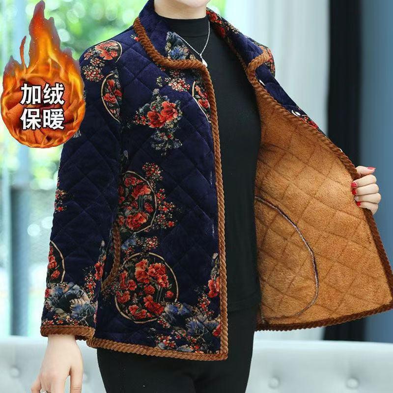 四川省省服妈妈装秋冬新款加绒棉袄中老年女时尚洋气宽松保暖印花