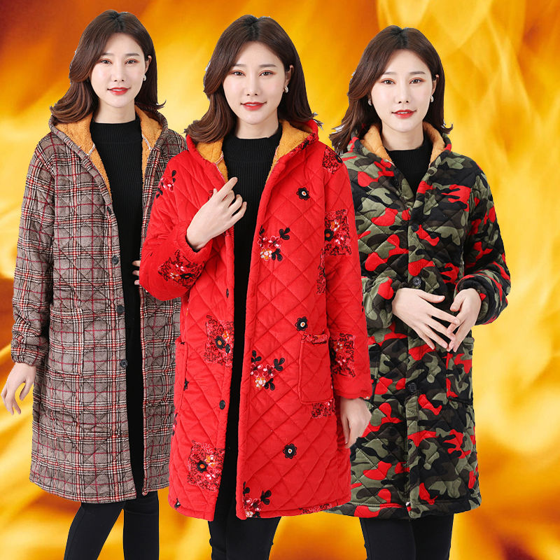 四川省服棉衣女冬加绒加厚棉服中老年妈妈中长款宽松大码罩衣外套